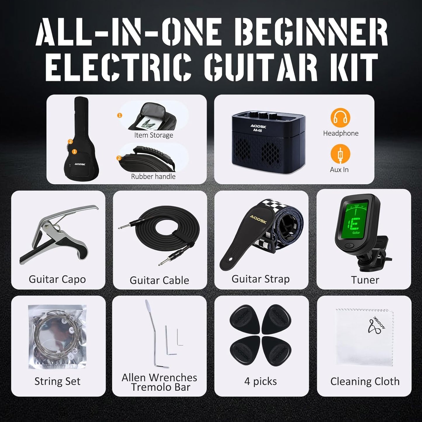 AODSK Electric Guitar Beginner Kit - 39" Full Size with Amp & Accessories - Digital Harmony Store