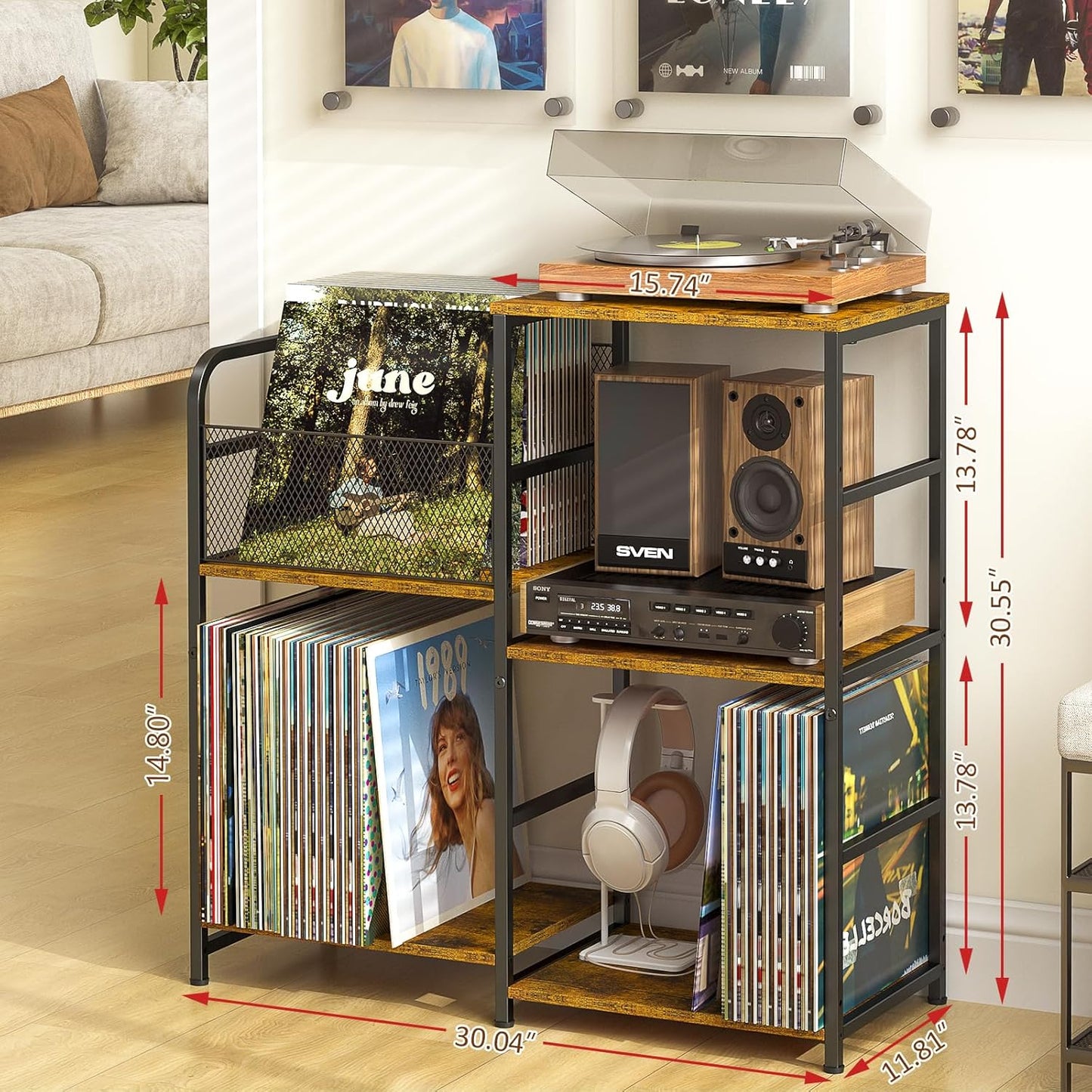Vinyl Record Player Stand with Storage - Holds 300+ Albums & Media Cabinet