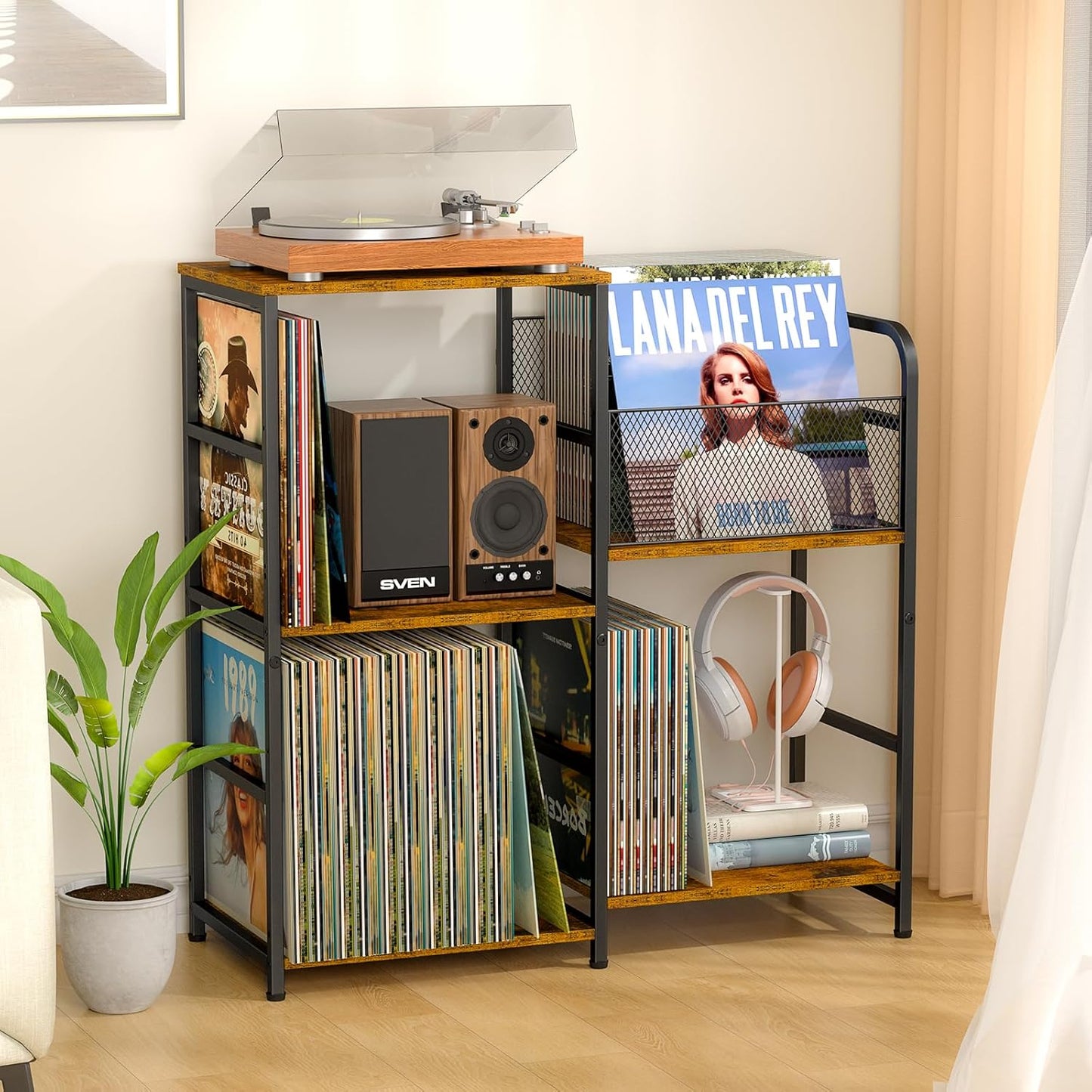 Vinyl Record Player Stand with Storage - Holds 300+ Albums & Media Cabinet