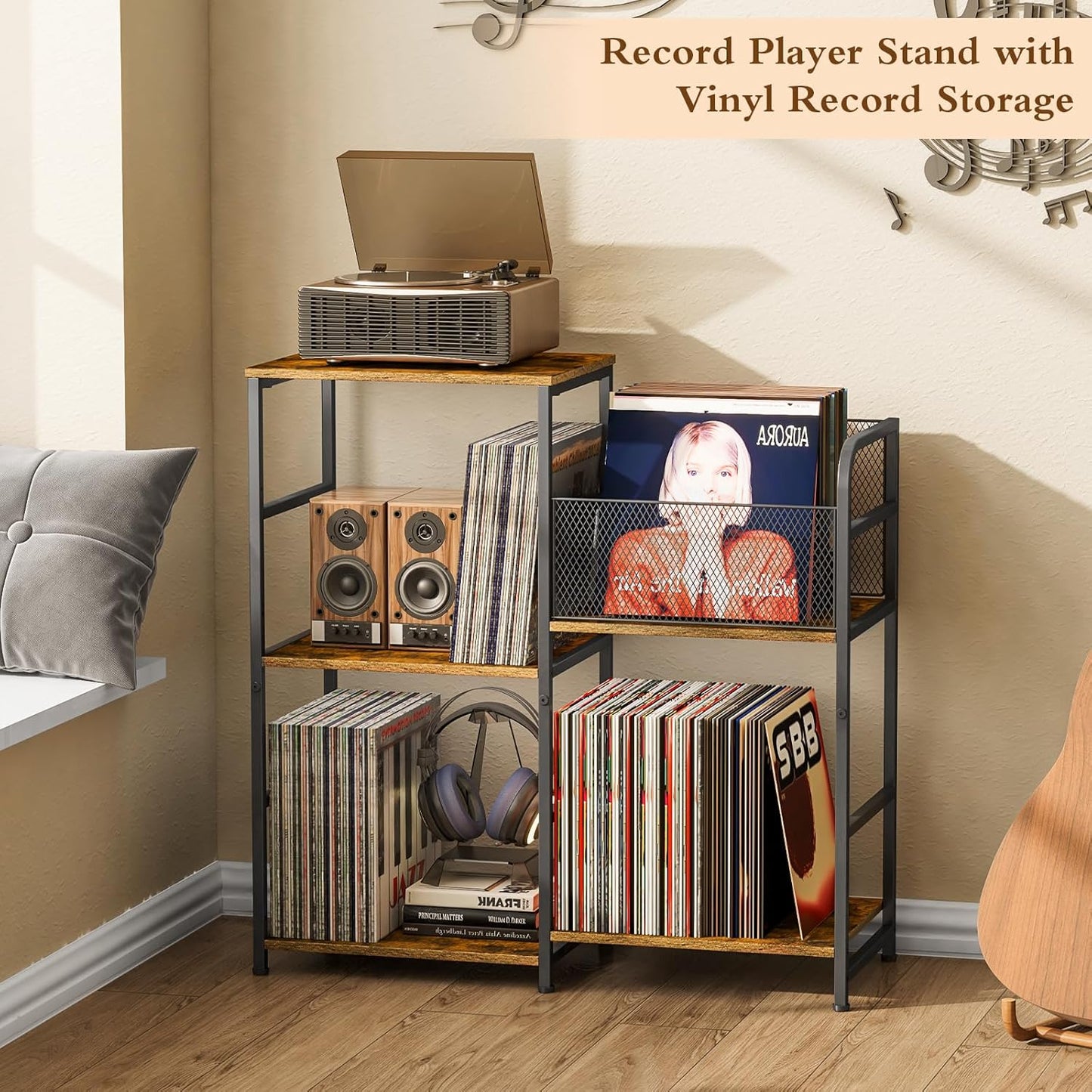 Vinyl Record Player Stand with Storage - Holds 300+ Albums & Media Cabinet
