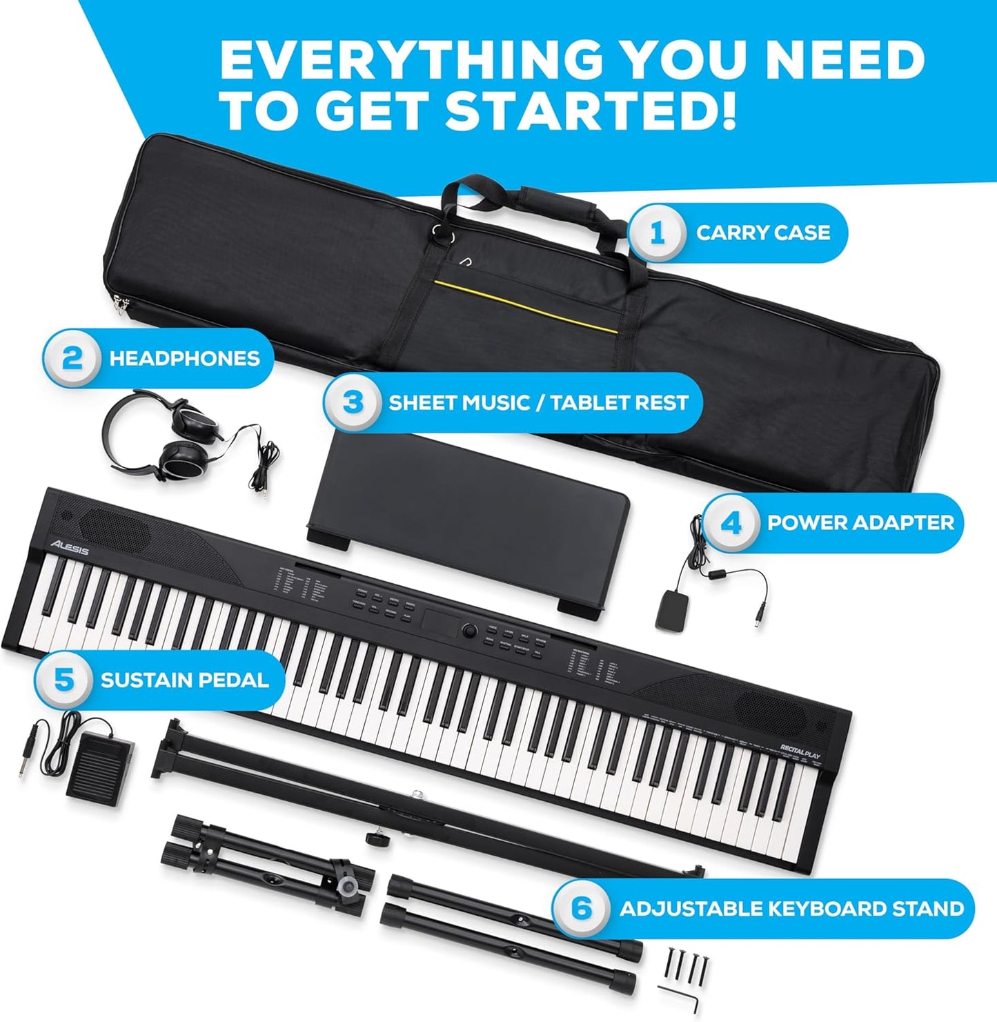 Alesis 88-key keyboard bundle with headphones, carry case, and adjustable keyboard stand included