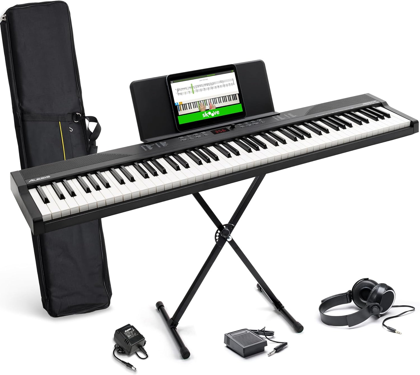 Alesis 88-key keyboard bundle with stand, headphones, pedal, and carrying case for musicians