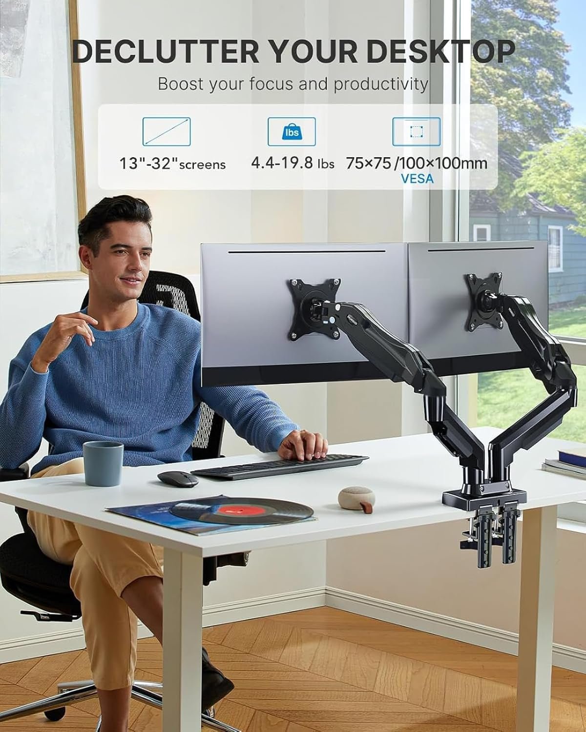 Dual Monitor Stand for 13 - 32” Screens – Adjustable VESA Desk Mount w/Spring Arms & C - Clamp - Digital Harmony Store