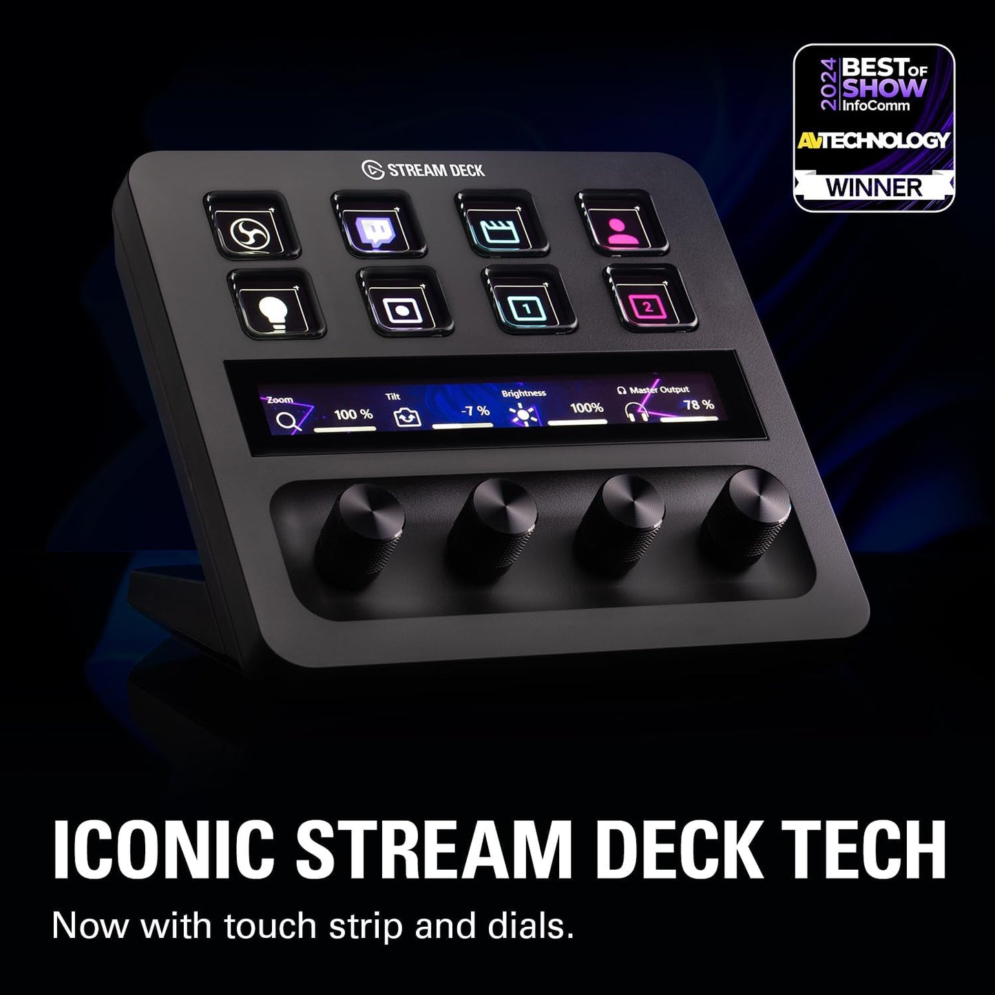 Stream Deck Plus featuring customizable buttons and a touch strip for enhanced streaming control