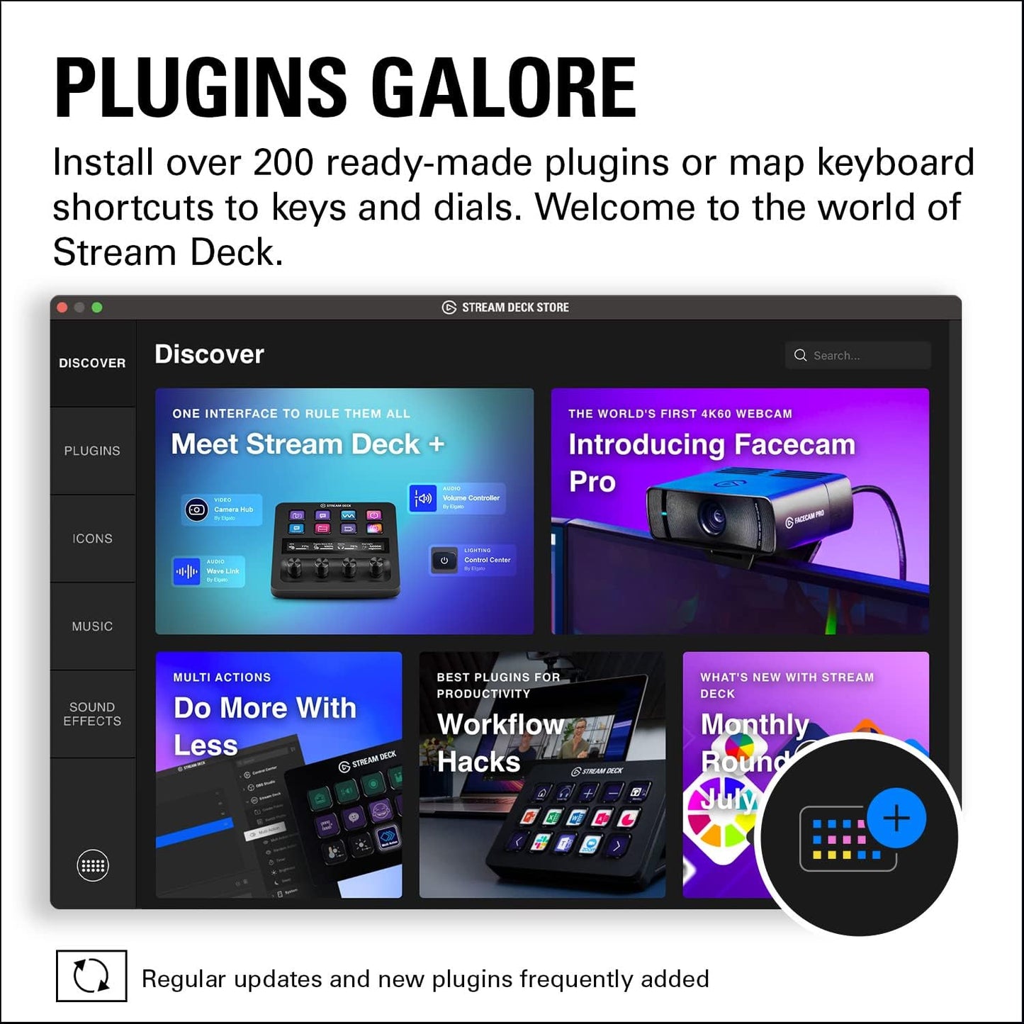 Stream Deck Plus interface showcasing plugins and keyboard shortcuts for enhanced workflow