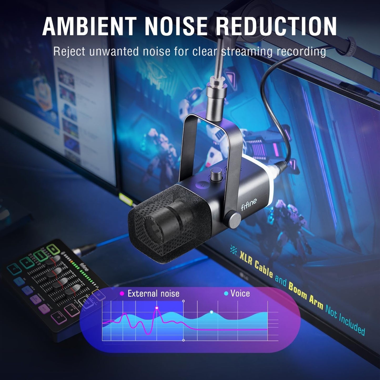 FIFINE RGB USB/XLR Microphone with ambient noise reduction for clear streaming and recording