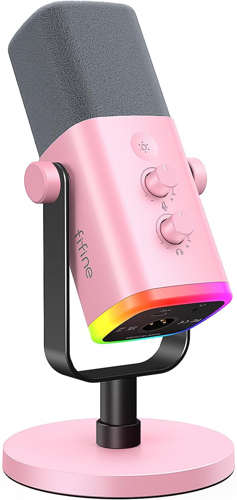 FIFINE RGB USB/XLR Microphone in Pink with Adjustable Volume and Mute Controls