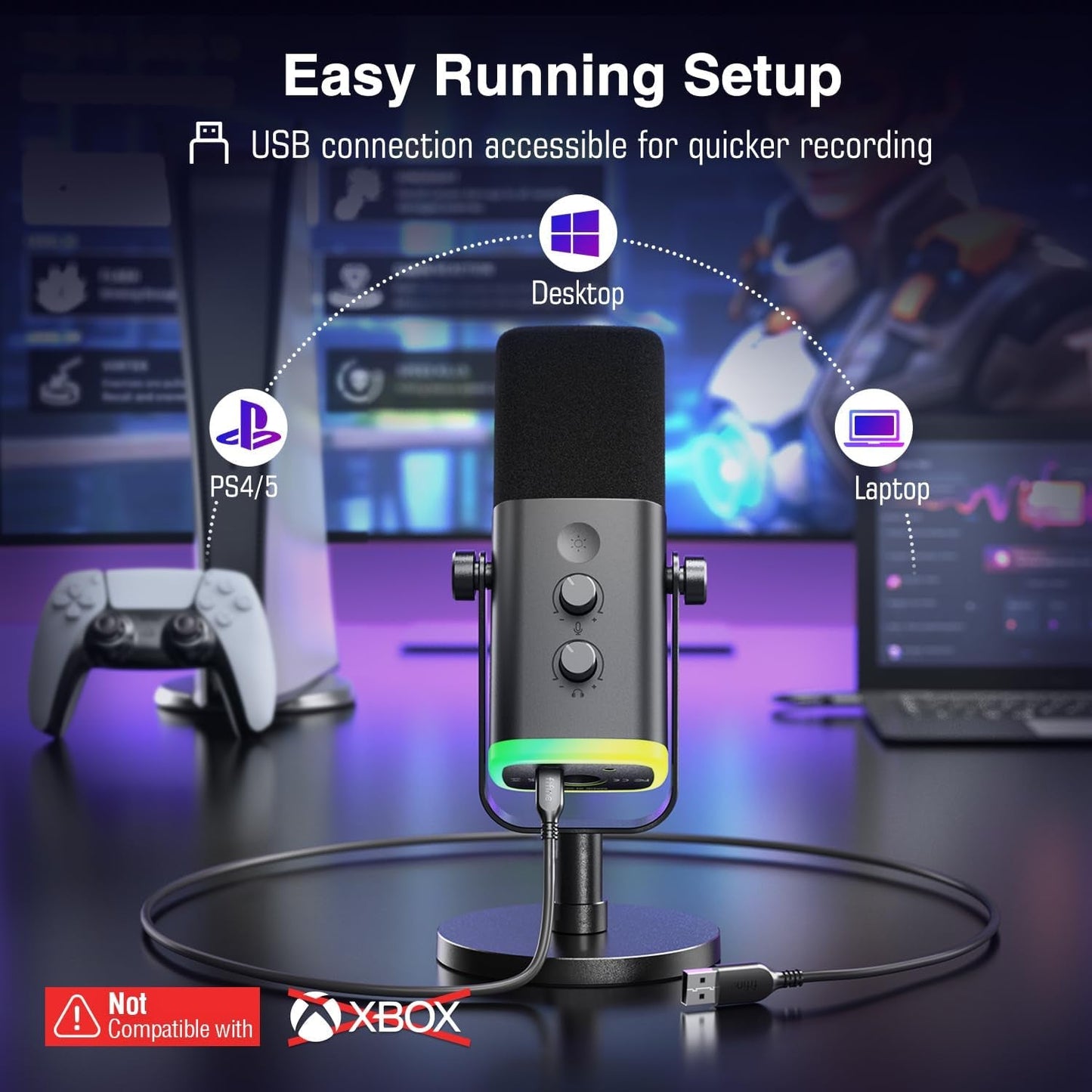 FIFINE RGB USB/XLR Microphone with easy setup for desktops and laptops, ideal for quick recording