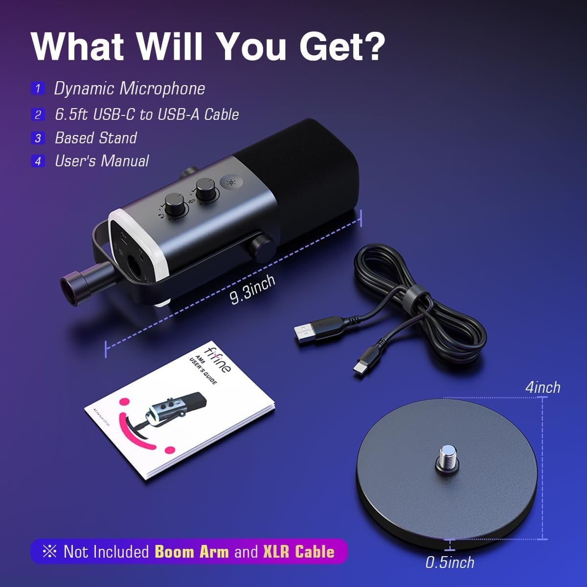 FIFINE RGB USB/XLR Microphone with USB-C to USB-A Cable and based stand included