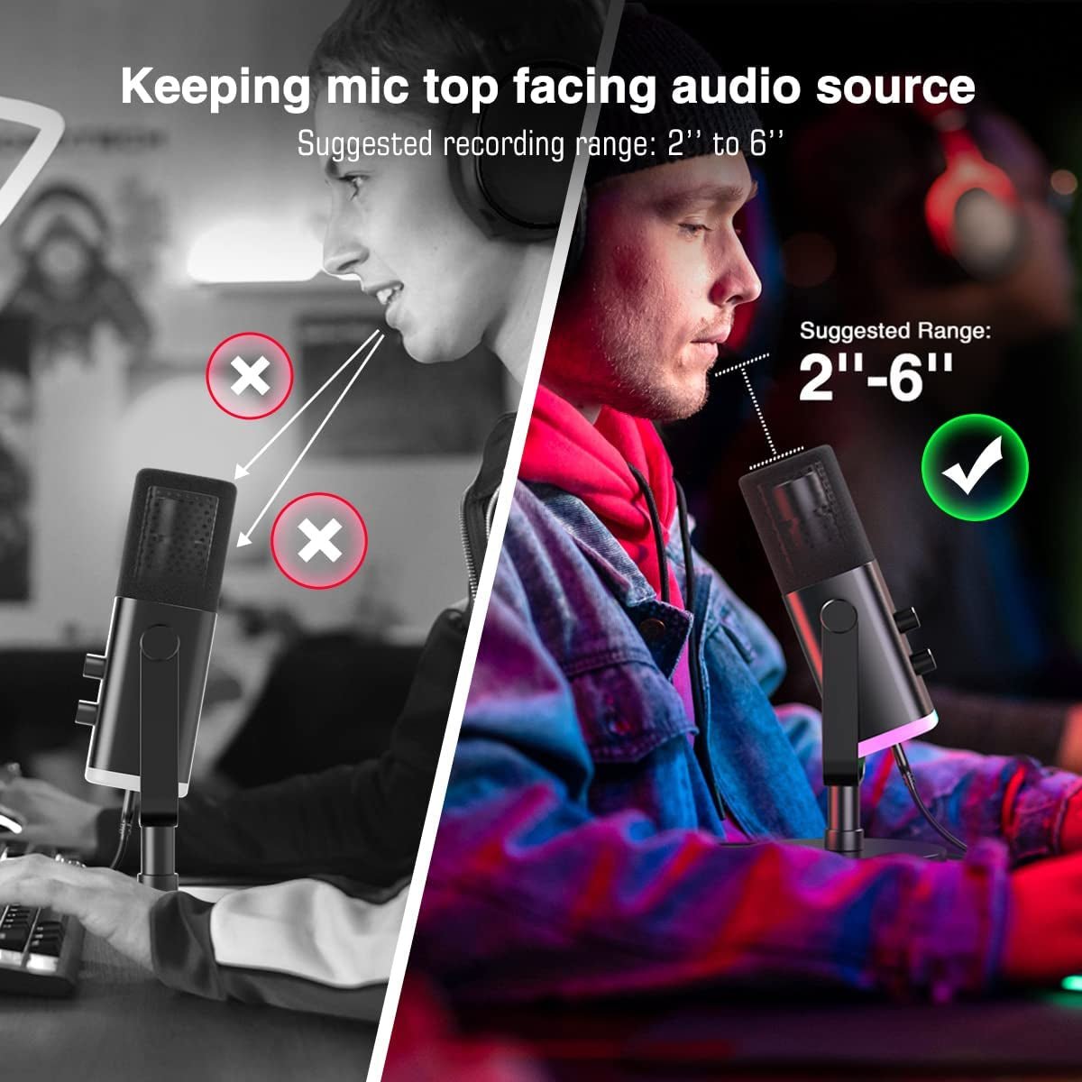 FIFINE RGB USB/XLR Microphone positioned at suggested recording range of 2 to 6 inches from audio source