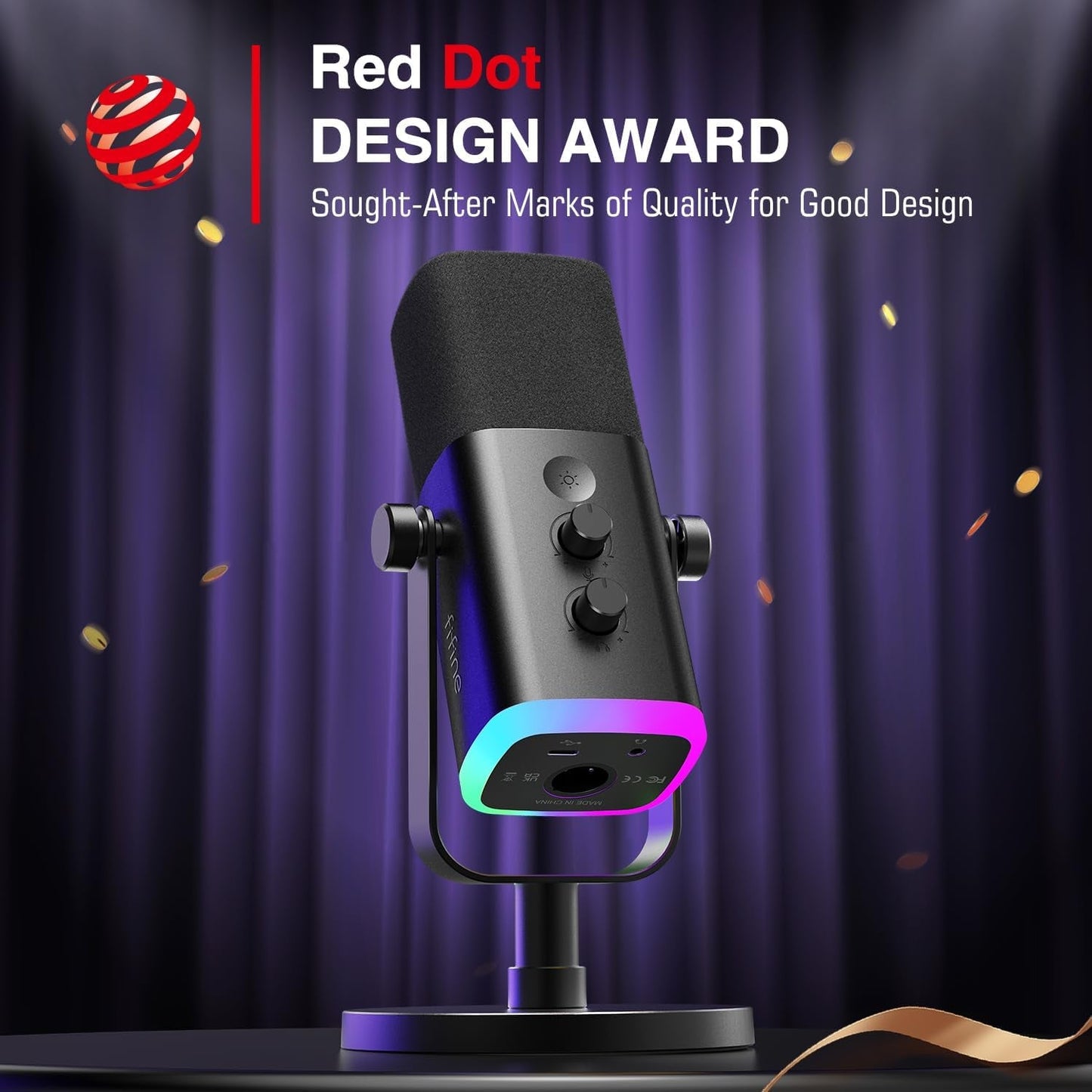 FIFINE RGB USB/XLR Microphone with modern design and adjustable settings for high-quality audio recording