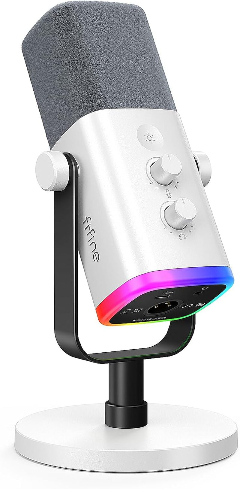 FIFINE RGB USB/XLR Microphone with adjustable gain and colorful LED lighting for streaming and recording