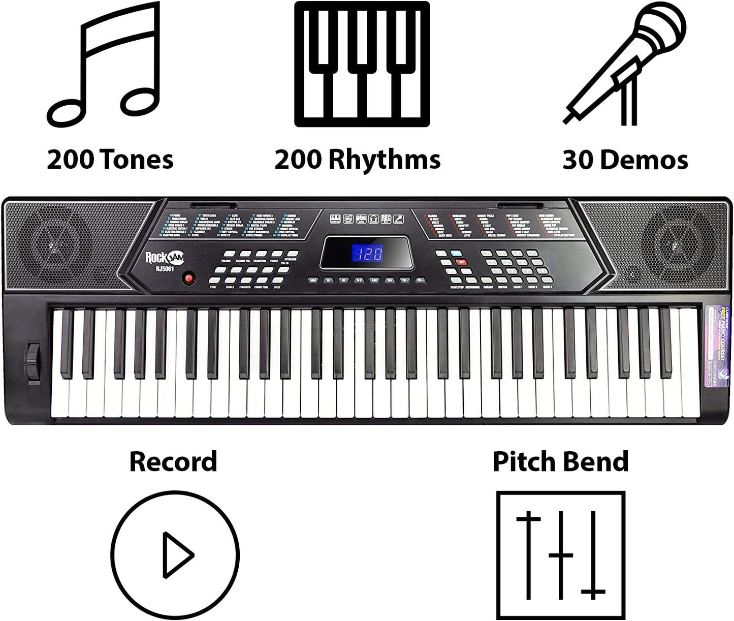 Black 61-Key Keyboard Kit with 200 tones, 200 rhythms, and pitch bend feature for aspiring musicians