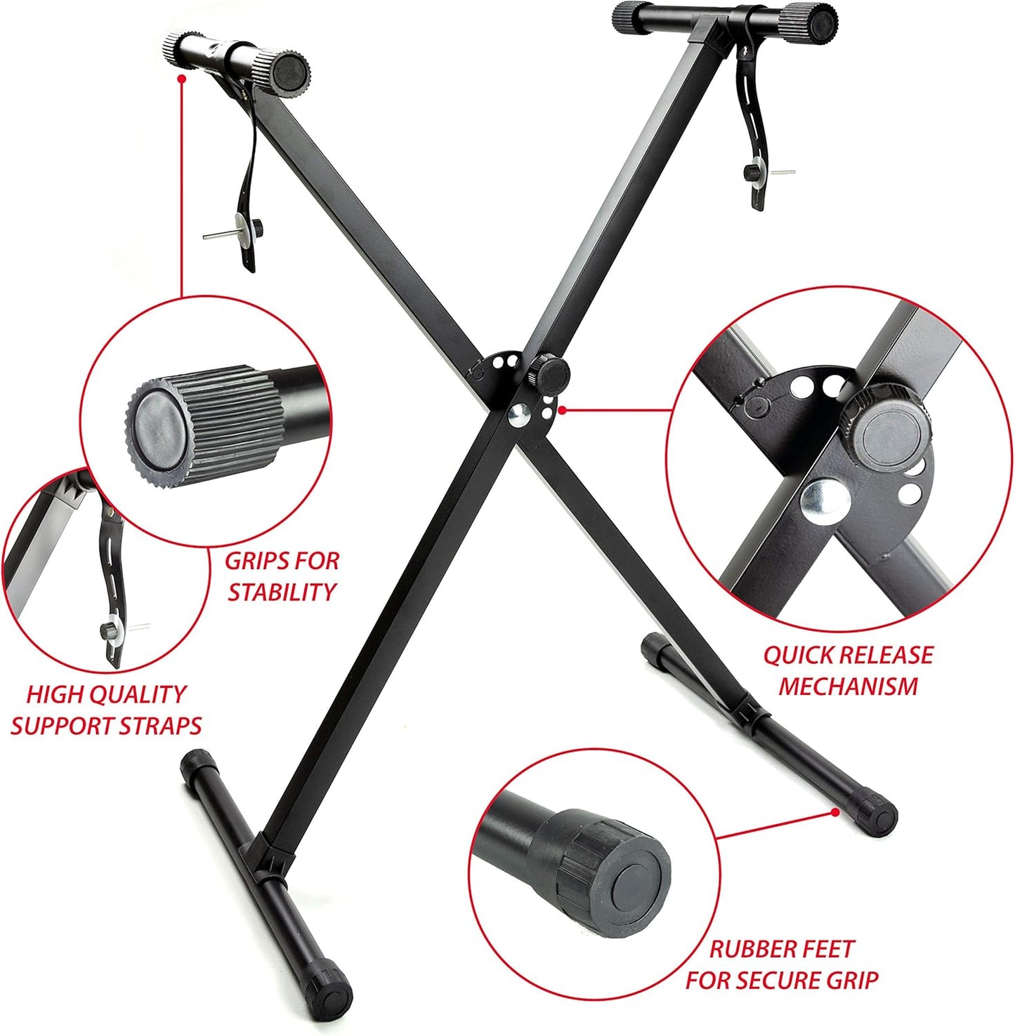 Adjustable keyboard stand with rubber feet, grips for stability, and quick release mechanism for 61-Key Keyboard Kit