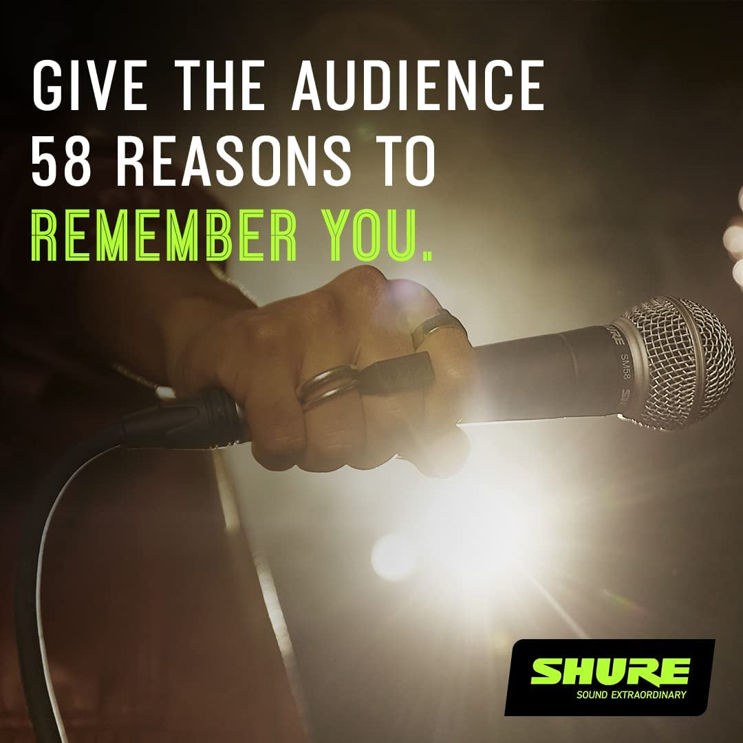 Shure SM58 vocal microphone in hand, perfect for live performances and delivering exceptional sound quality