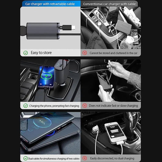 4 - in - 1 Retractable Fast Car Charger w/USB - A & USB - C for iPhone & Android - Digital Harmony Store
