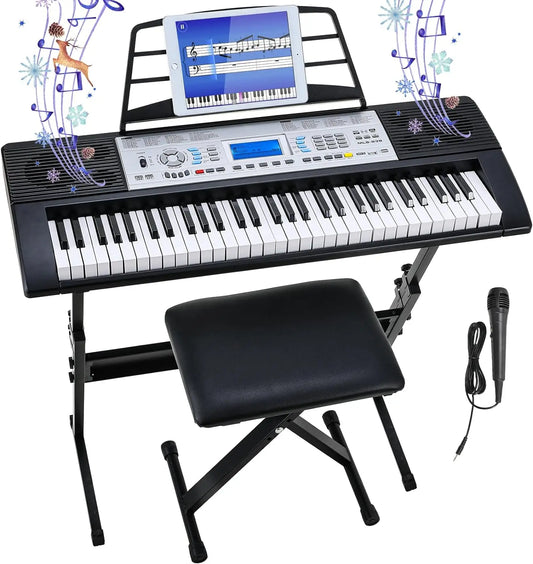 61-key kids piano kit with adjustable stand, microphone, and bench for budding musicians