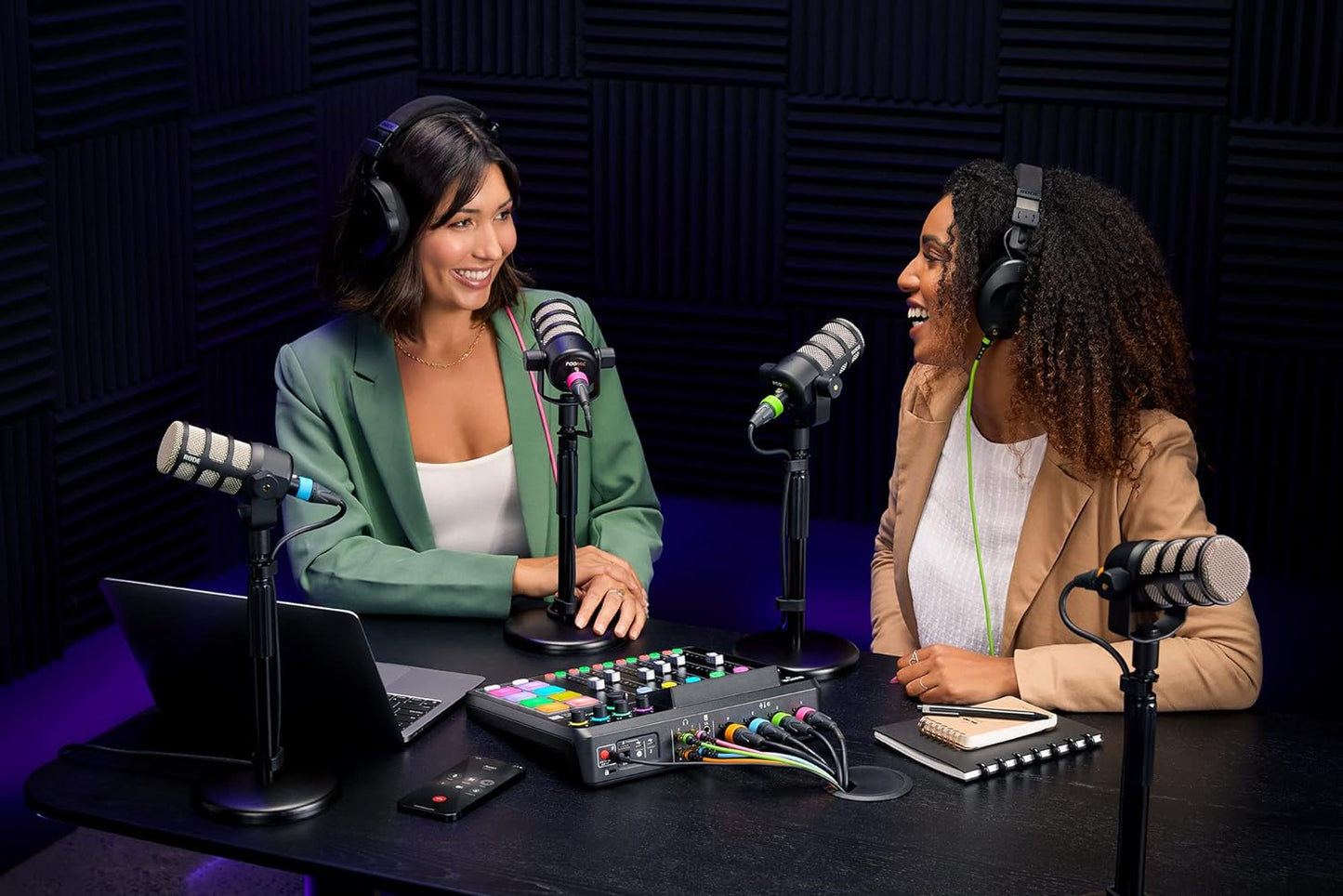 Rode Rodecaster Pro II Audio Production Studio Bundle with 4X Zoom ZDM-1 Podcast Mic Packs,  Adjustable Boom Arms, 32GB Microsd Card and  Polishing Cloth