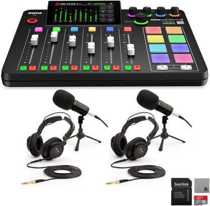Rode Rodecaster Pro II Audio Production Studio Bundle with 4X Zoom ZDM-1 Podcast Mic Packs,  Adjustable Boom Arms, 32GB Microsd Card and  Polishing Cloth