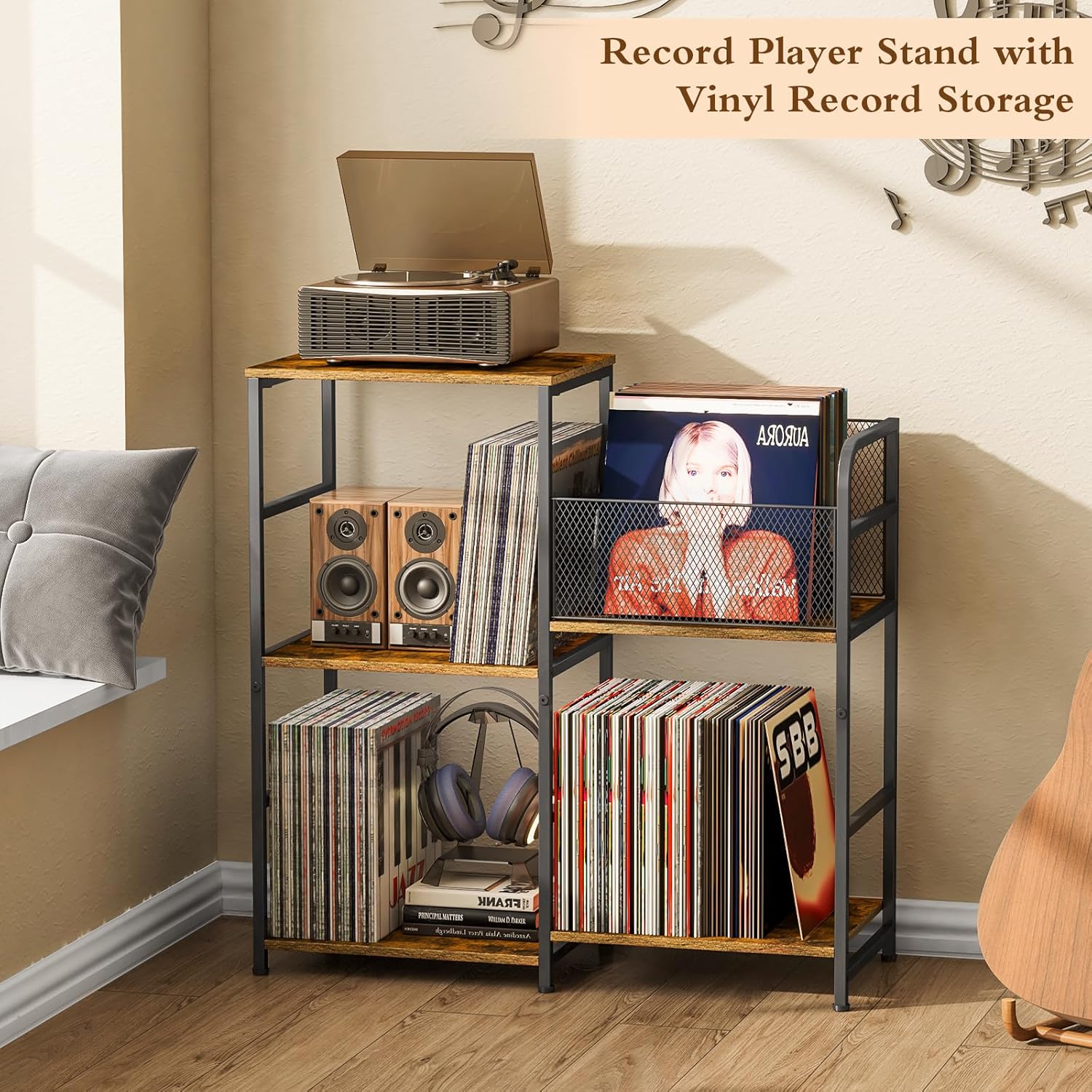 Vinyl Record Player Stand with Storage - Holds 300+ Albums & Media Cabinet