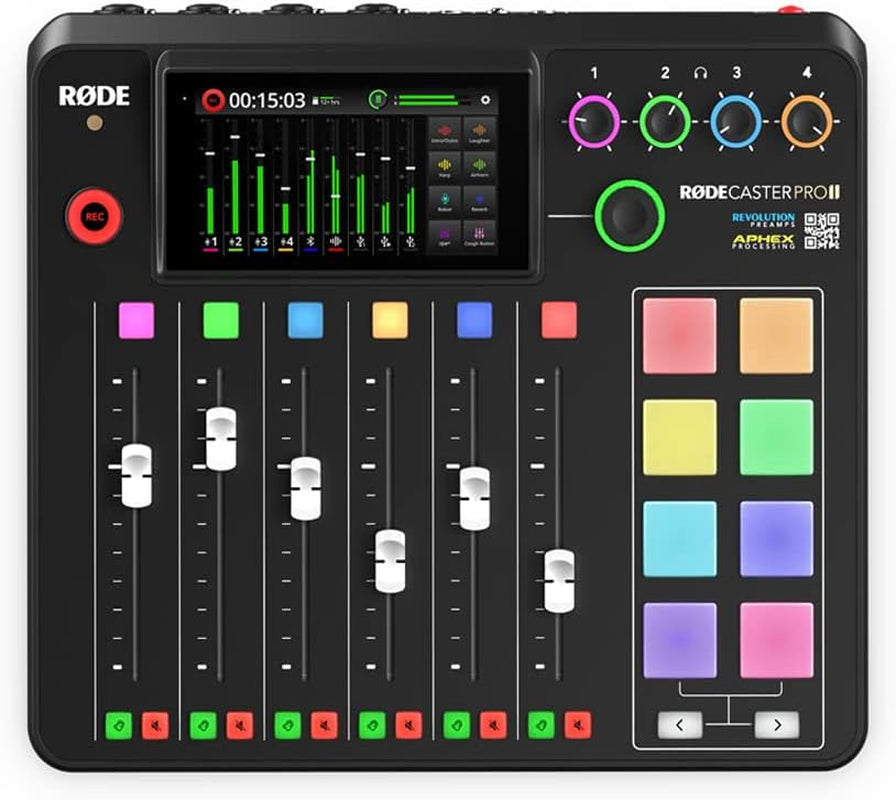 Rode Rodecaster Pro II Audio Production Studio Bundle with 4X Zoom ZDM-1 Podcast Mic Packs,  Adjustable Boom Arms, 32GB Microsd Card and  Polishing Cloth