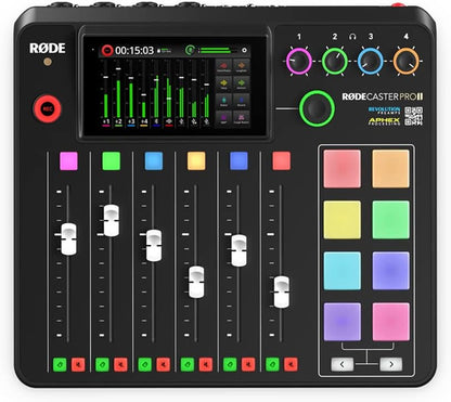 Rode Rodecaster Pro II Audio Production Studio Bundle with 4X Zoom ZDM-1 Podcast Mic Packs,  Adjustable Boom Arms, 32GB Microsd Card and  Polishing Cloth