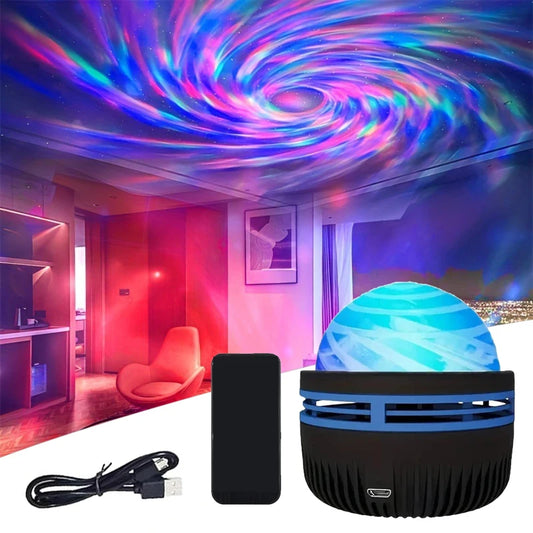 Aurora galaxy star projector illuminating a colorful ceiling display for a calming atmosphere