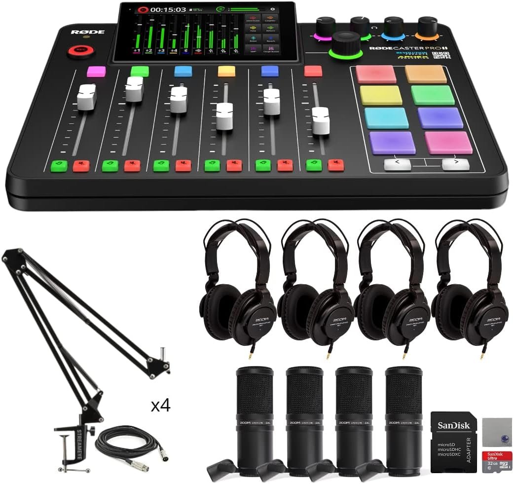 Complete Rodecaster Pro II Podcasting Bundle (4 Mics, Boom Arms, 32GB MicroSD & More) - Digital Harmony Store