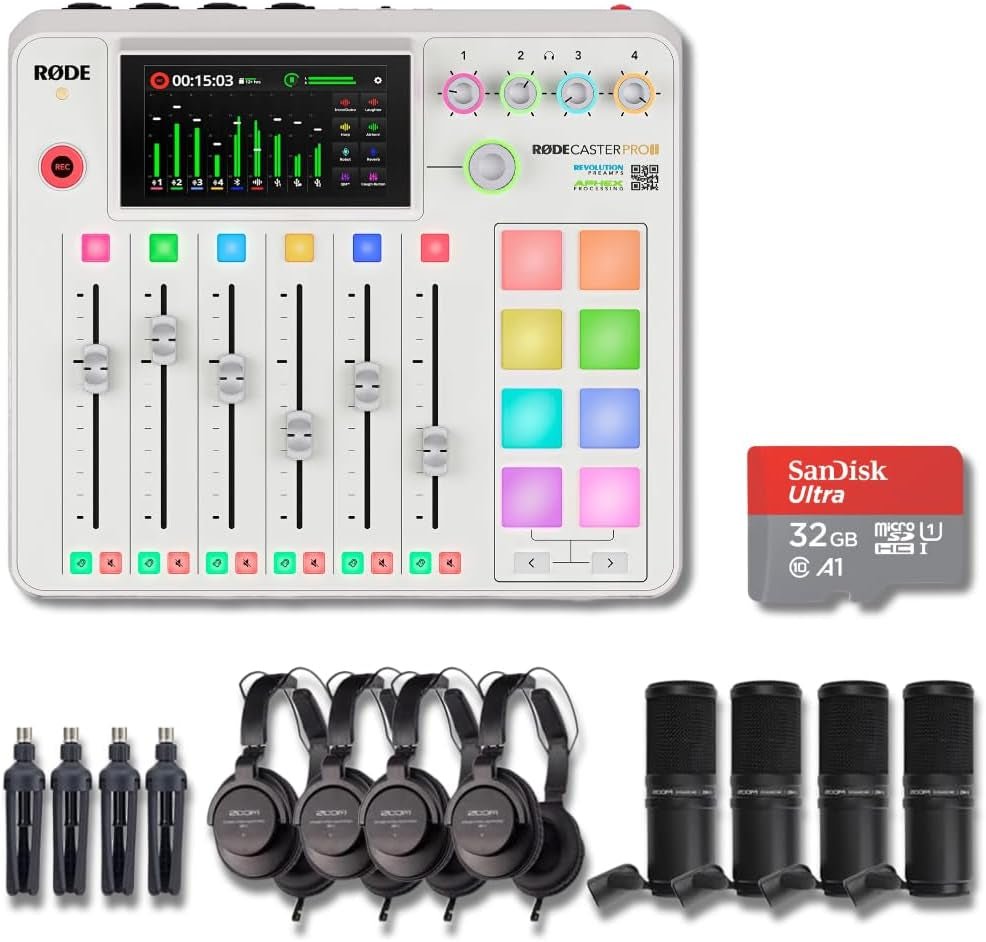 Complete Rodecaster Pro II Podcasting Bundle (4 Mics, Boom Arms, 32GB MicroSD & More) - Digital Harmony Store