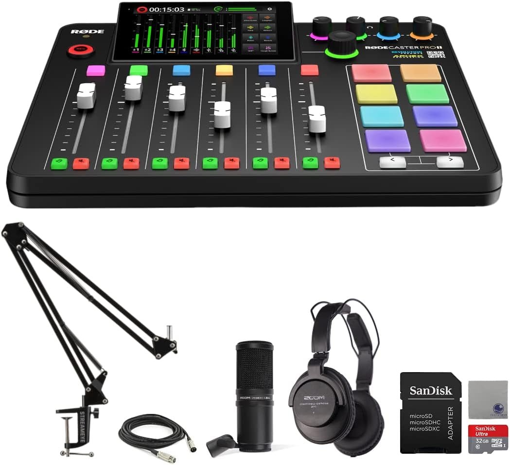 Complete Rodecaster Pro II Podcasting Bundle (4 Mics, Boom Arms, 32GB MicroSD & More) - Digital Harmony Store