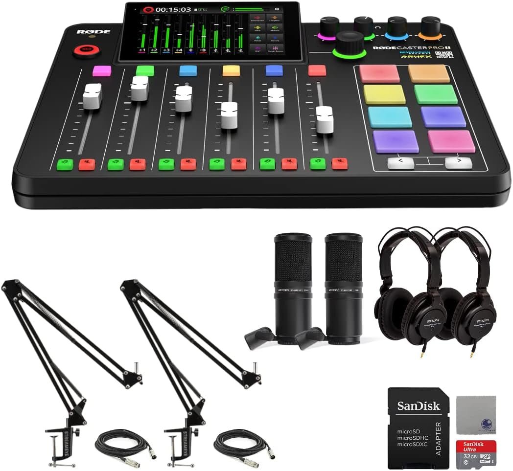 Complete Rodecaster Pro II Podcasting Bundle (4 Mics, Boom Arms, 32GB MicroSD & More) - Digital Harmony Store
