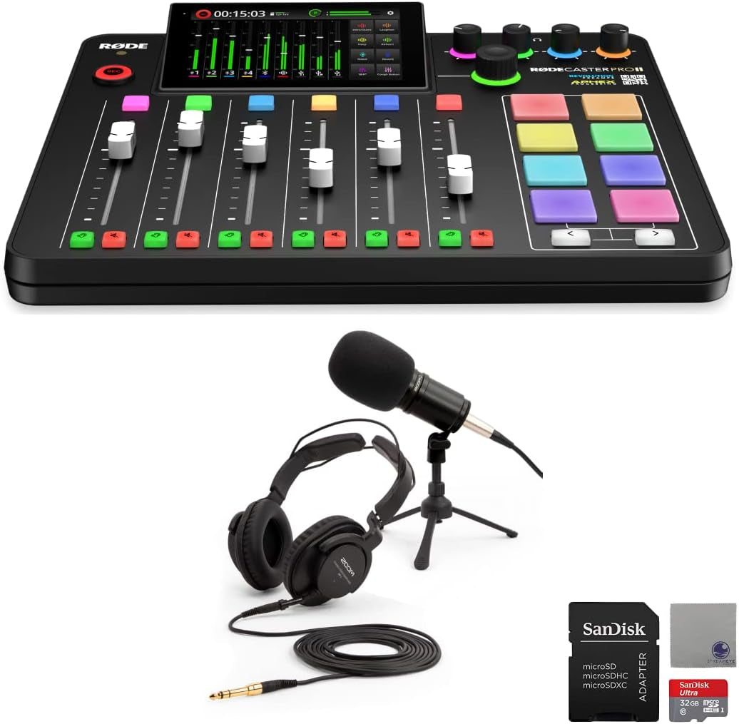 Rode Rodecaster Pro II Audio Production Studio Bundle with 4X Zoom ZDM-1 Podcast Mic Packs,  Adjustable Boom Arms, 32GB Microsd Card and  Polishing Cloth