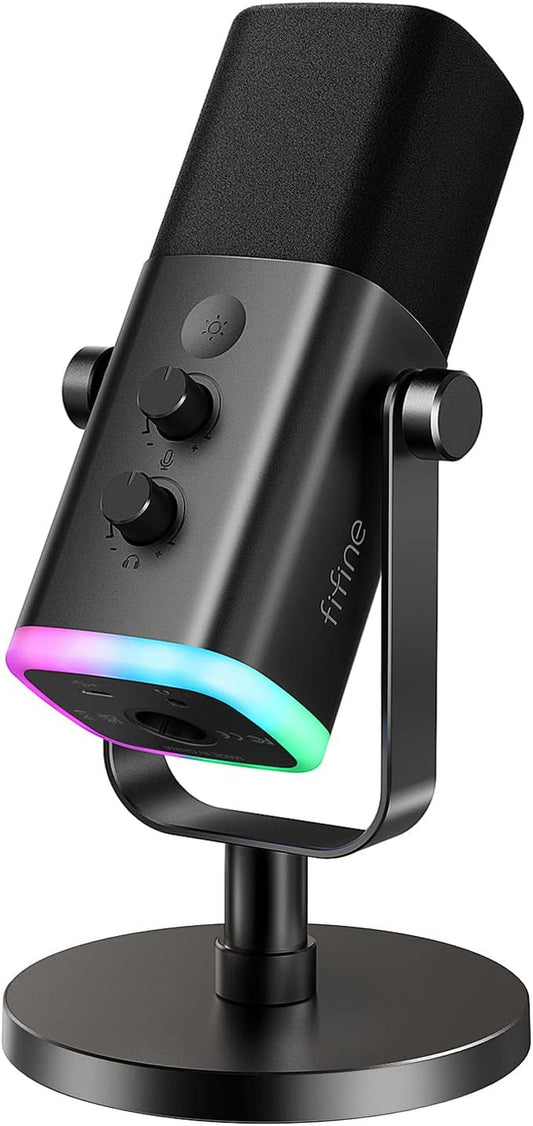 FIFINE RGB USB/XLR Microphone with adjustable gain and muted controls on a sleek stand