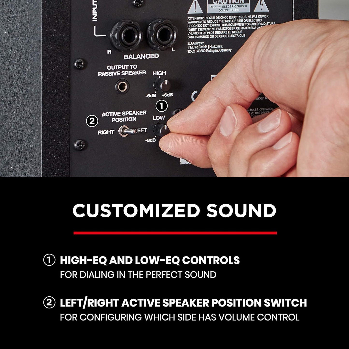 M-Audio BX3 3.5 rear panel with EQ controls and speaker position switch for customized sound