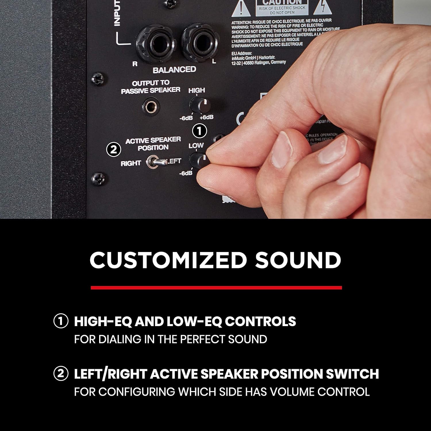 M-Audio BX3 3.5 rear panel with EQ controls and speaker position switch for customized sound