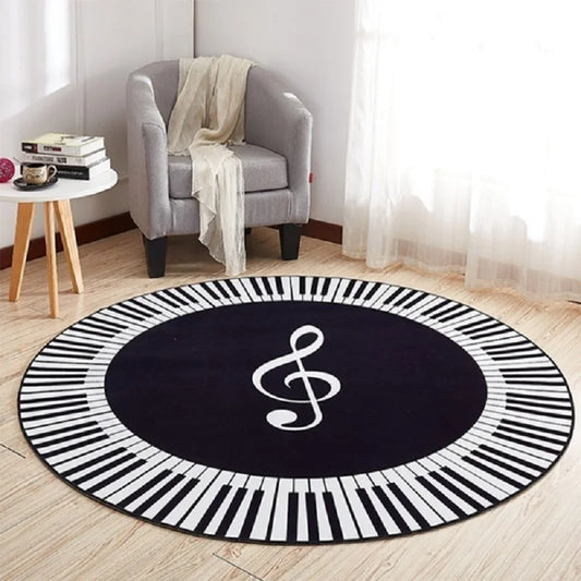 Piano design area rug in round shape with black and white colors, featuring a musical note and keyboard pattern