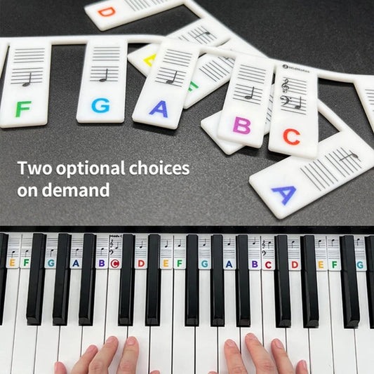 Piano key labels in colorful designs for easy music learning on a black piano keyboard