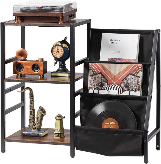 Stylish record player stand with USB charging and shelving for vinyl records and decorative items