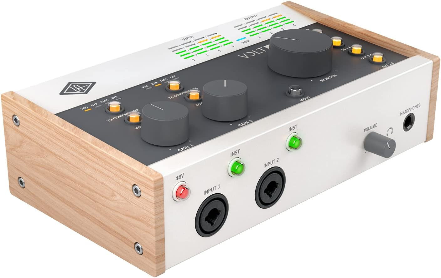 Volt 2 USB audio interface with two inputs, volume controls, and wood accents for high-quality sound recordings